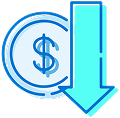 Icono gráfico en color azul que muestra una moneda con el signo de dólar detrás de una flecha gruesa que apunta hacia abajo, simbolizando una reducción de costos o comisiones.