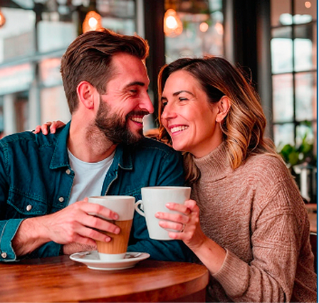 Pareja sonriendo mientras conversa sobre su retiro